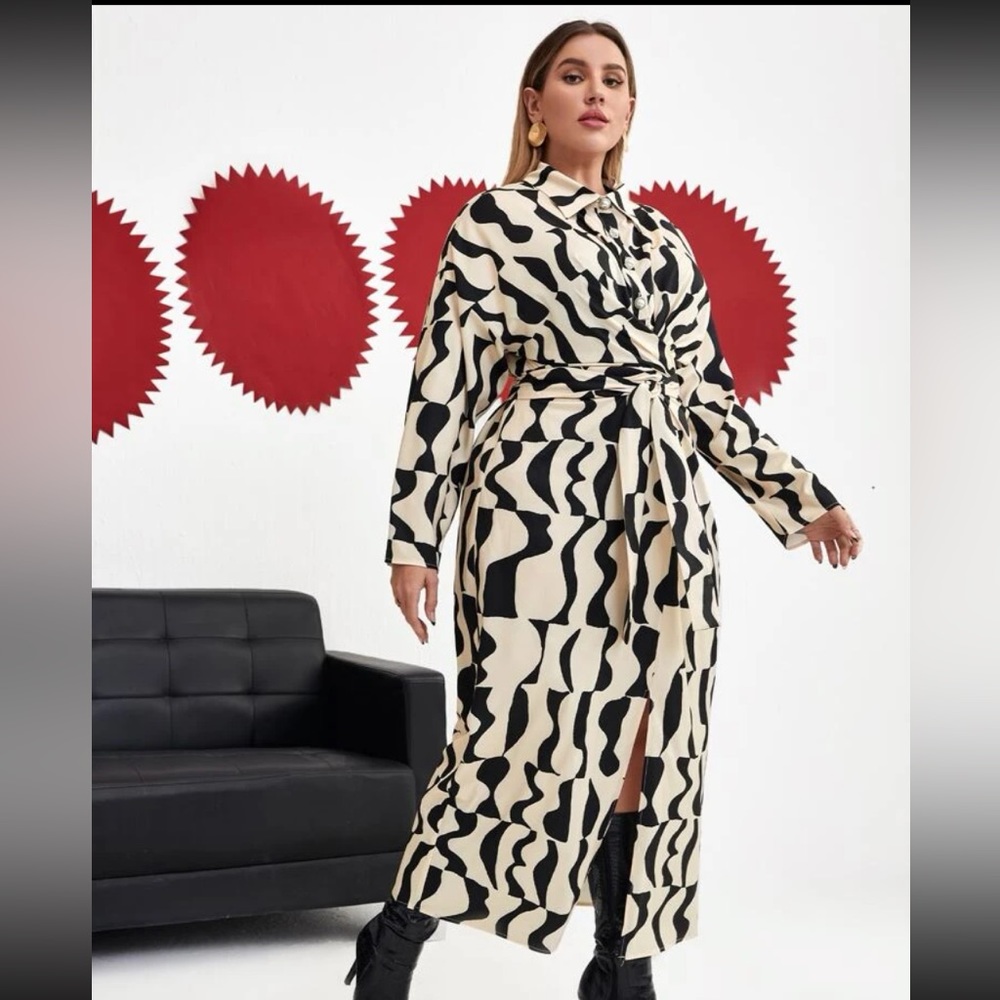 Plus Size Geo Print Drop Shoulder Belted Shirt Dress